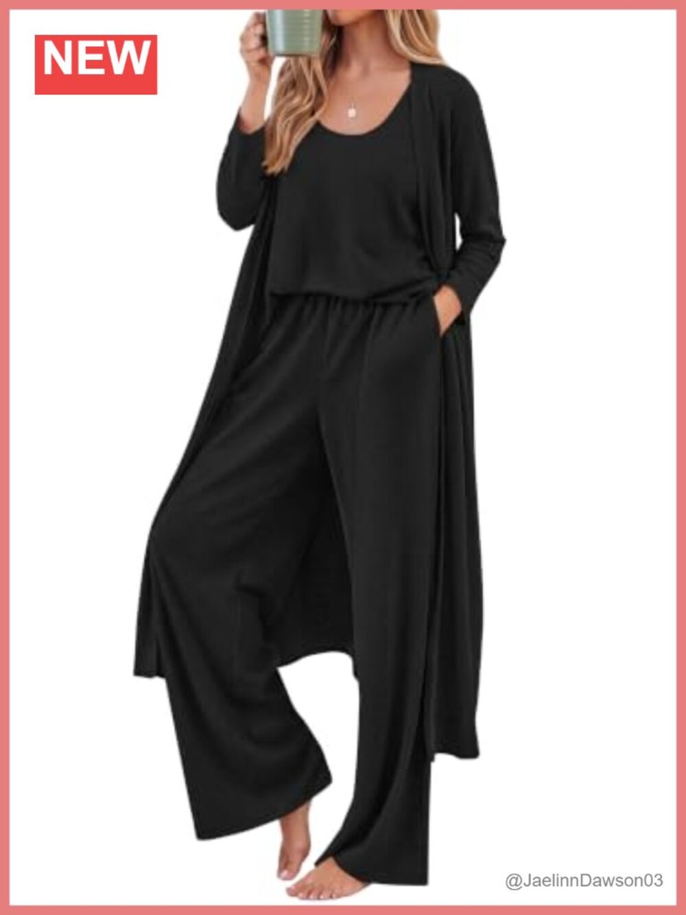 3 Piece Lounge Set Long Cardigan Tank Wide Leg Pants Travel Outfit